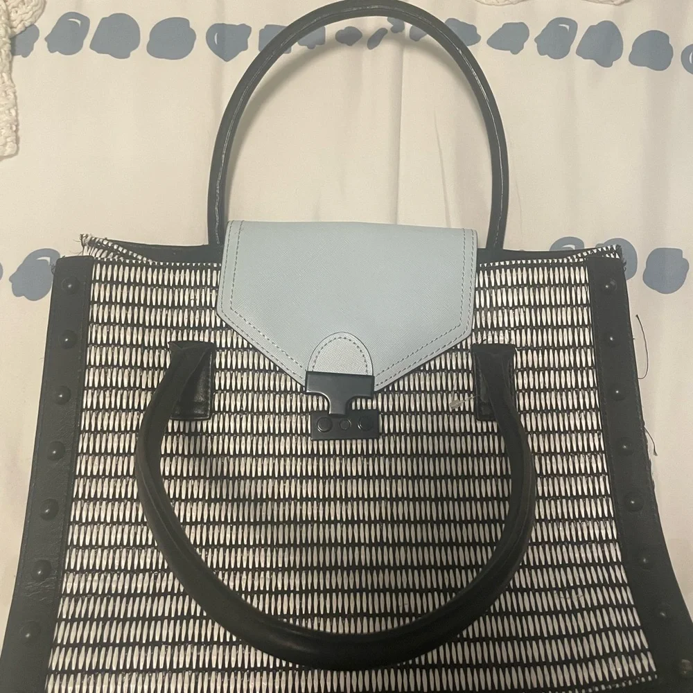 👜 Loeffler Randall Woven Tote – Black/White/Blue – Genuine Leather Trim - Picture 1 of 5